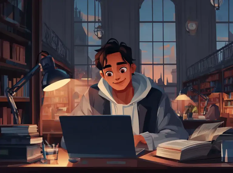 A young man smiles at his laptop screen while learning languages at a library desk.