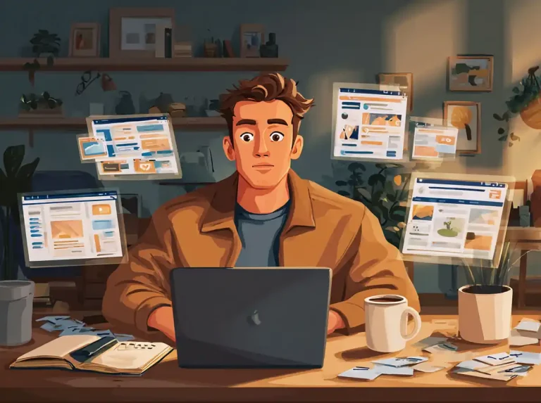 A man works at a desk to learn languages with various browser windows open on his laptop.