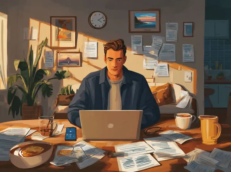 A man focuses on his laptop screen while learning languages at a desk covered in notes and books.