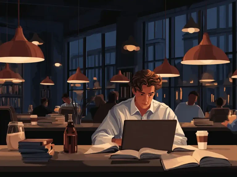 A man wearing a white shirt works on a laptop to learn languages in a library at night.