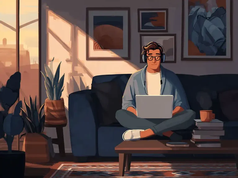 A man wearing glasses and headphones sits on a blue sofa while learning languages on his laptop.