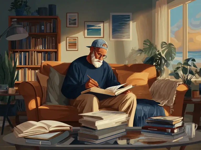 An older man wearing a cap writes in a large book to learn languages while sitting on a couch.