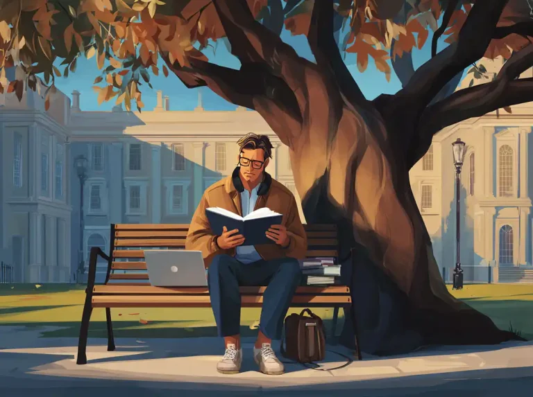 A man wears headphones and reads a book on a park bench while learning languages.