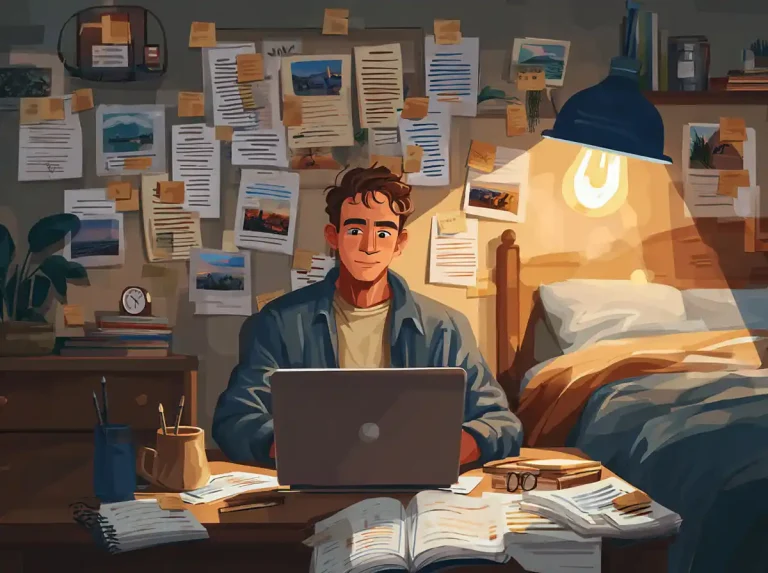 A man uses his laptop while learning languages in a room filled with pinned study notes.