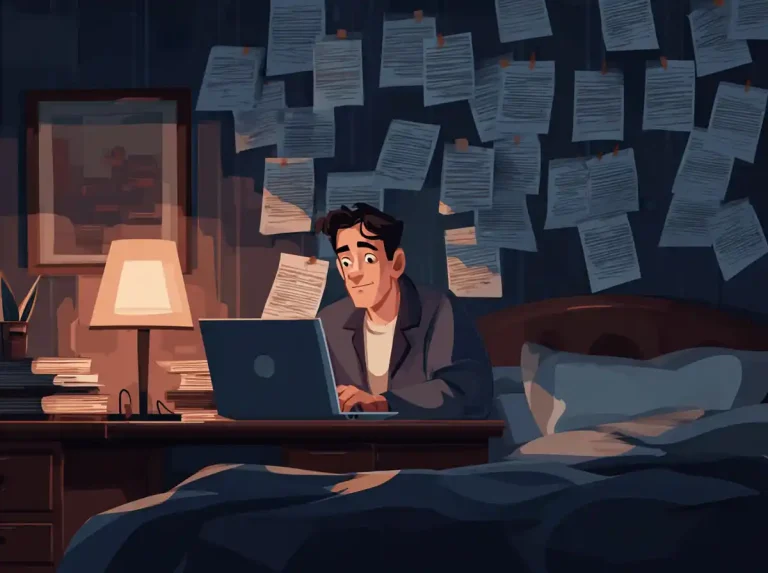 A man types on his laptop while learning languages in a bedroom with papers pinned behind him.