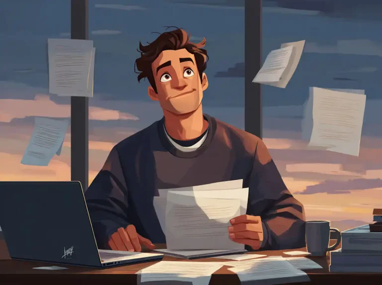 A man looks up thoughtfully while holding papers and learning languages at his office desk.