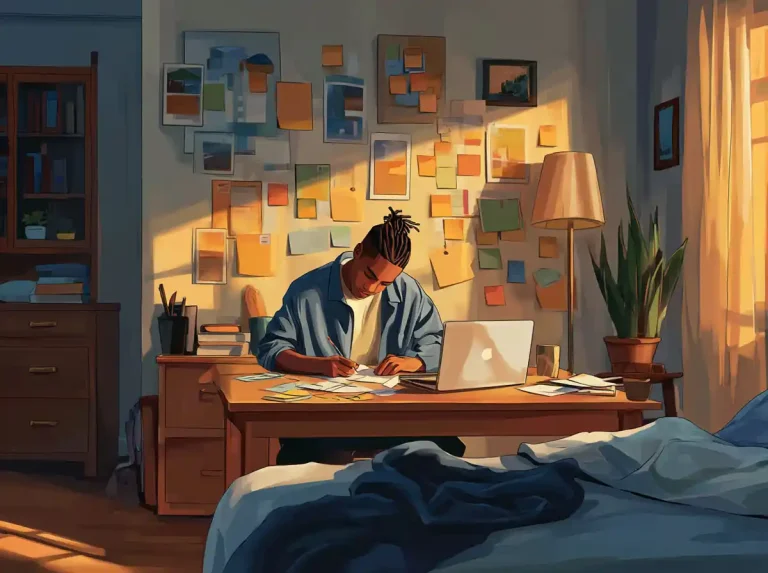 A man with a top knot writes notes to learn languages at a sunlit desk.