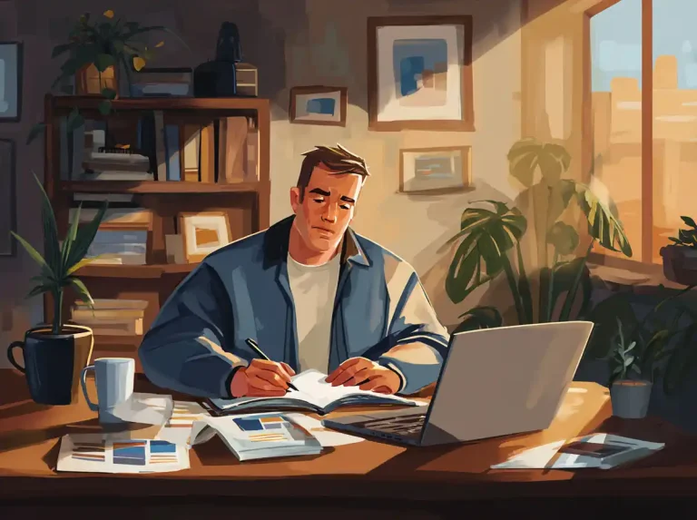 A man writes in his study journal to learn languages at a desk by a bookshelf.