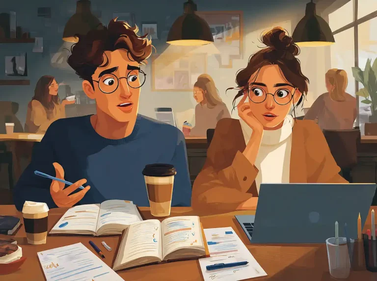 A man gestures toward a laptop while learning languages with a partner at a cafe table.