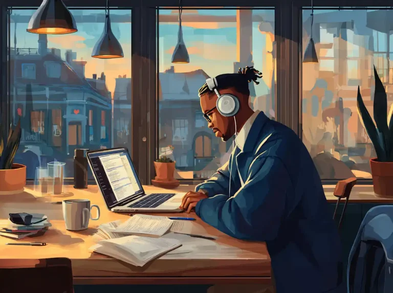 A man wears headphones while learning languages at a laptop in a city cafe.