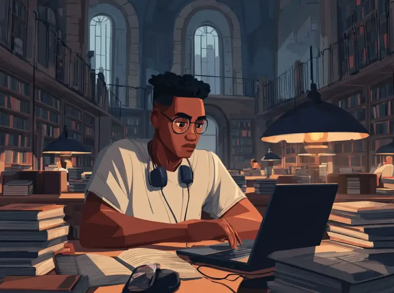 A young man wearing headphones around his neck looks at his laptop while learning languages in a library.