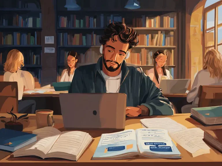 A man wearing white headphones studies at a laptop while learning languages in a library.