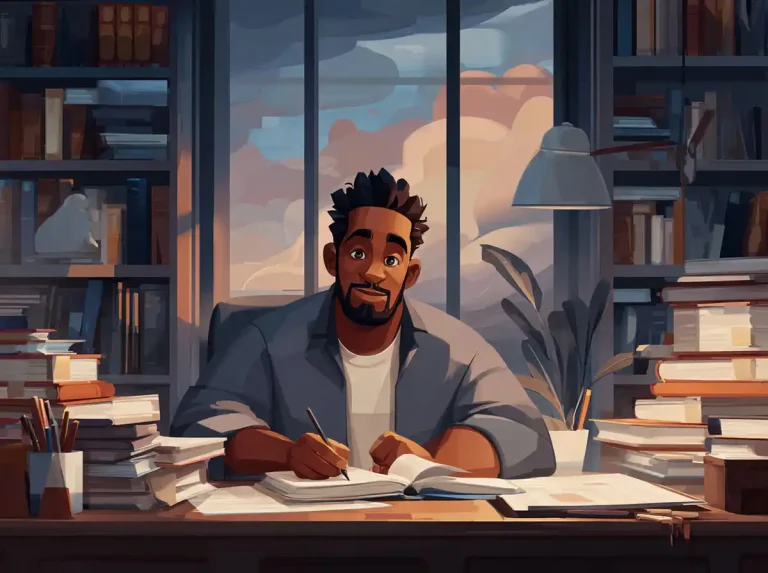 A man writes in a notebook at a desk surrounded by books while learning languages at sunset.