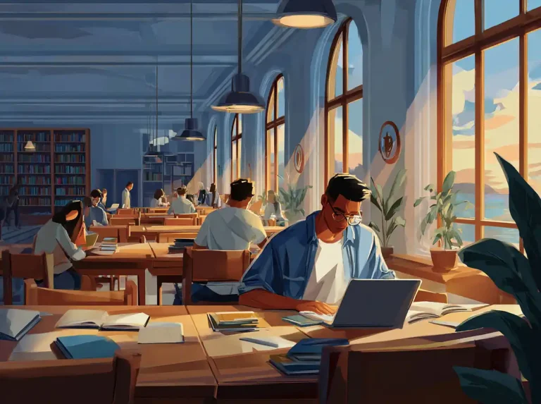 A man in a blue shirt sits at a sunny desk by a window to learn languages with a mountain view.
