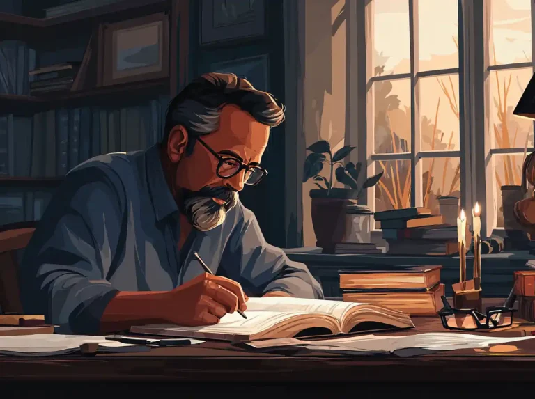 An older man with a beard and glasses writes in a large book to learn languages in his home library.