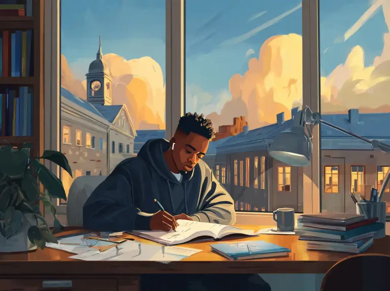 A young man focuses on his notes while learning languages at a sunny desk near a large window.