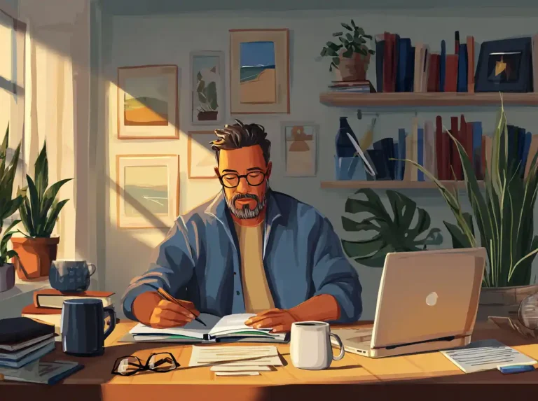 An older man writes in a book while learning languages at a warm home desk with a laptop.