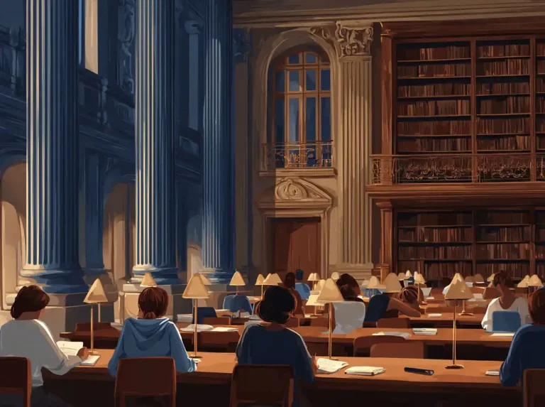 Many students sit at warm wooden tables in a large, grand library to learn languages.