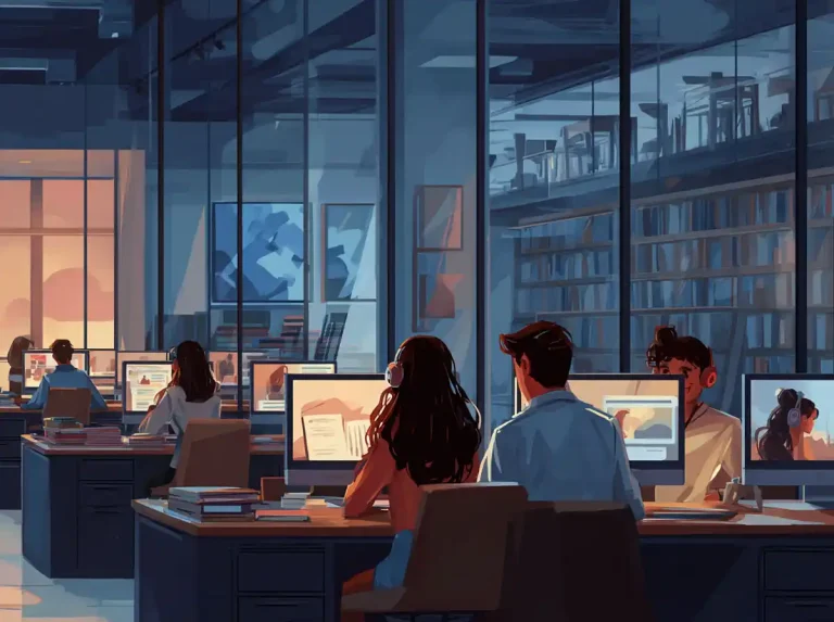 Students sit at a large desk using laptops while learning languages in front of a city-view window.