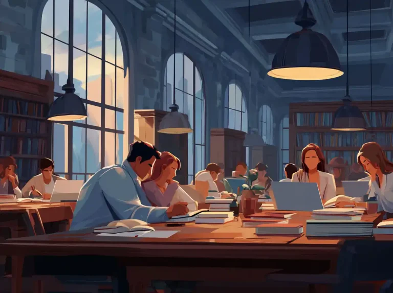 New grammar is practiced by a group of people sitting at desks in a classic library for learning languages.