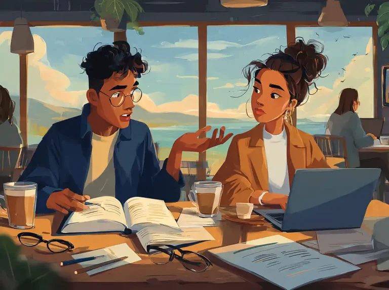 A man gestures while explaining concepts to a woman during a session for learning languages in a café.