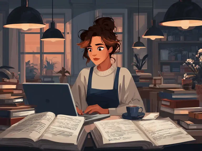 A woman with a bun uses a laptop and open books to learn languages in a library at night.