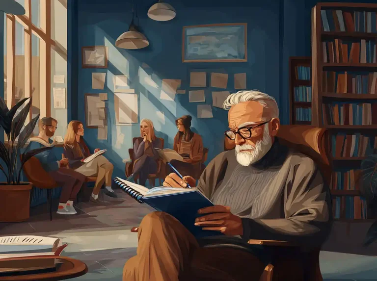 An older man writes in his notebook while learning languages in a quiet study room surrounded by others.