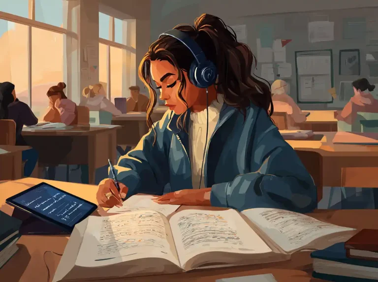 A woman wearing headphones writes in a notebook while learning languages in a sunlit study hall.