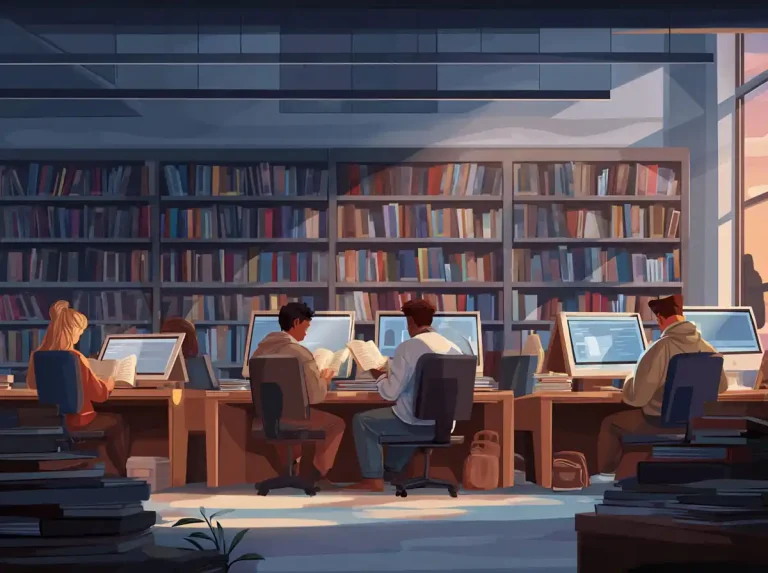 Students sit at desks with laptops and stacks of books while learning languages in a busy office environment.