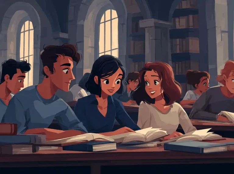 A notebook is opened by students sitting at a table while learning languages in a dark library.