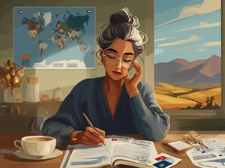 A young woman with curly hair sits in a kitchen and writes in a workbook while learning languages.