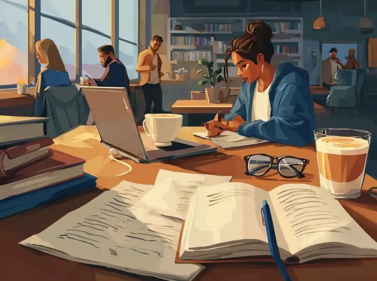 A woman in a blue hoodie writes in a notebook while learning languages at a table with coffee.