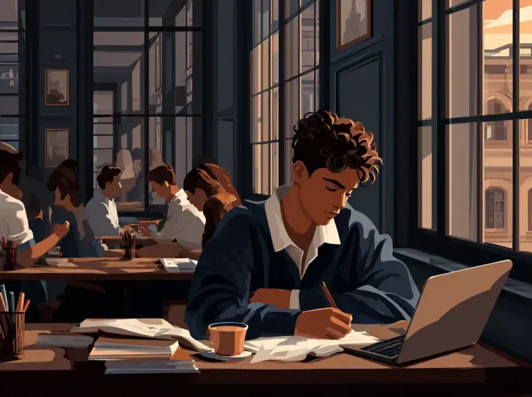 A young man writes notes at a desk while learning languages during a scenic sunset.