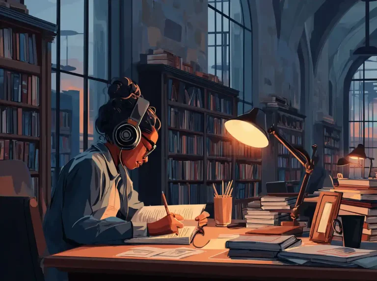 A girl wearing headphones and a bun takes notes for the purpose of learning languages in a quiet library.