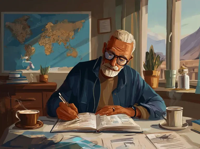 An elderly man takes notes while learning languages at a desk with a world map behind him.