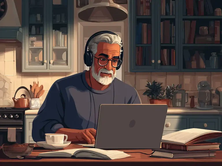 An older man wears headphones while learning languages on a laptop at his kitchen table.