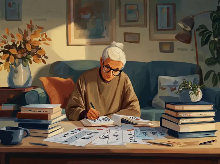 An elderly woman writes in a notebook while learning languages at a desk covered in books.