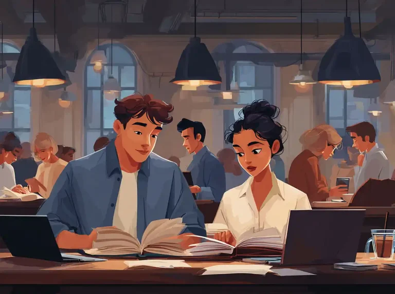 A man and woman focus on their open books for learning languages at a long library table.