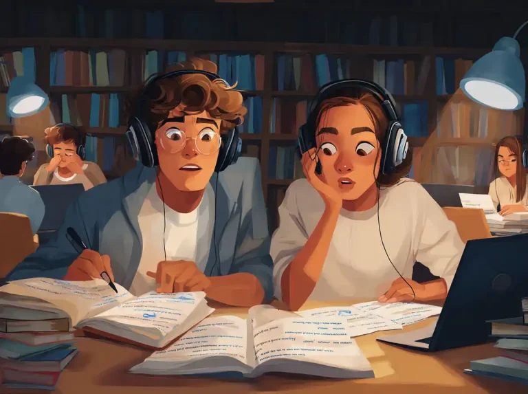 A pair of students wearing headphones looks surprised while learning languages in a library.