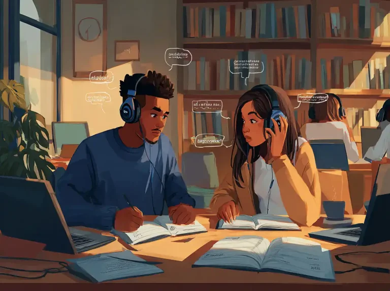 Two students wearing headsets sit in a library aisle while focused on learning languages with their textbooks.