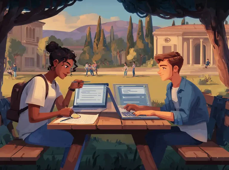 A pair of students uses laptops at a wooden table for learning languages on campus.