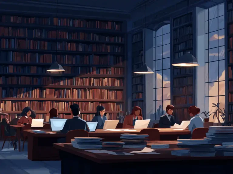 Many people sit at long wooden desks with laptops in a large, dim library for the purpose of learning languages.