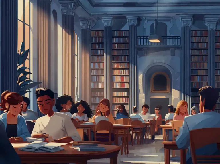 People sit at individual desks in a quiet, dimly lit library dedicated to learning languages.