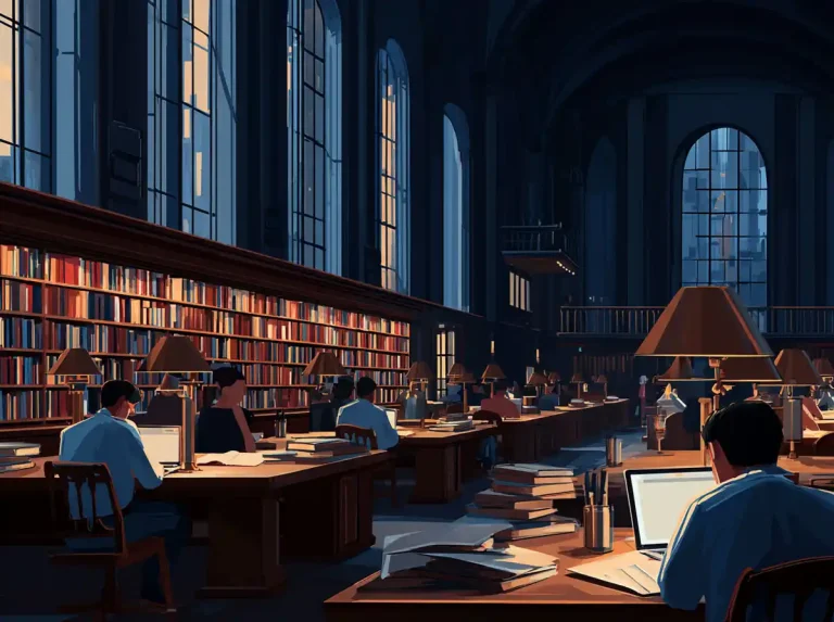 People work at various desks throughout a massive library hall while learning languages.