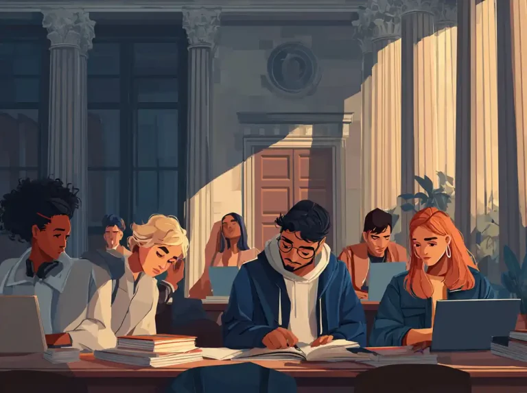 Several people sit around a large desk in a library hall focused on learning languages.