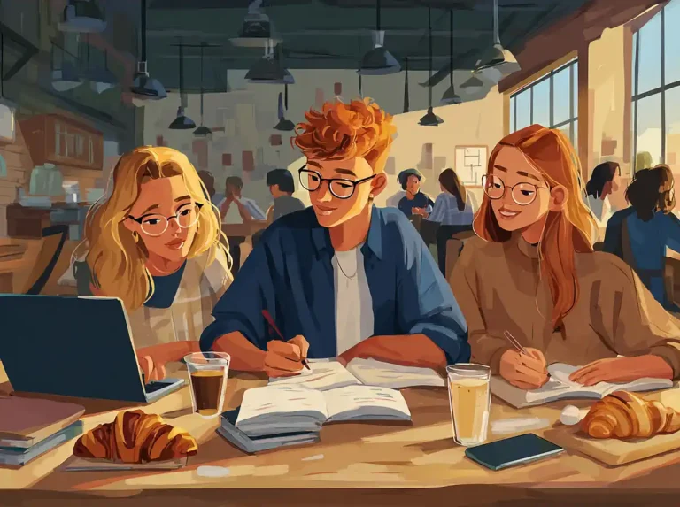 Students sit at a café table with coffee and pastries while focused on learning languages during the day.