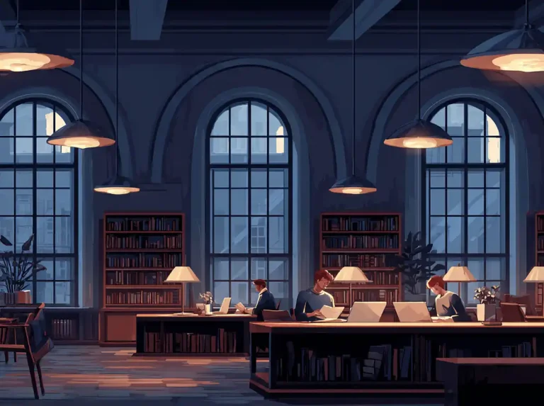 Several people sit at desks with small lamps in a dark library while learning languages.