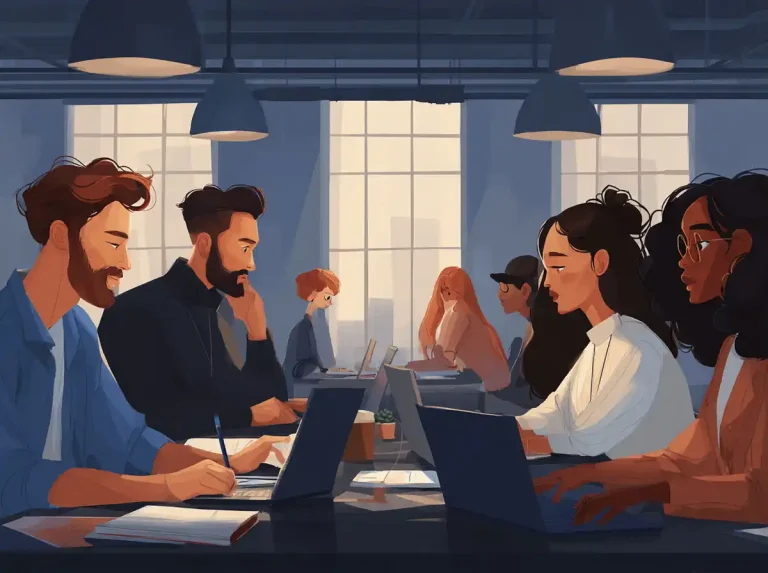 Several people sit at long wooden tables with laptops for learning languages in a brightly lit library room.