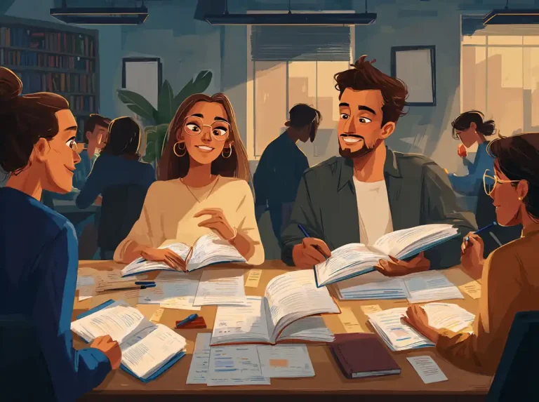 A group of students sit at a wooden table covered in textbooks while learning languages together.