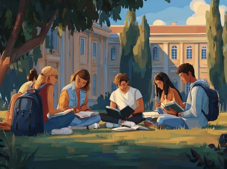 A group of young people sits on the grass under a large tree for learning languages on campus.
